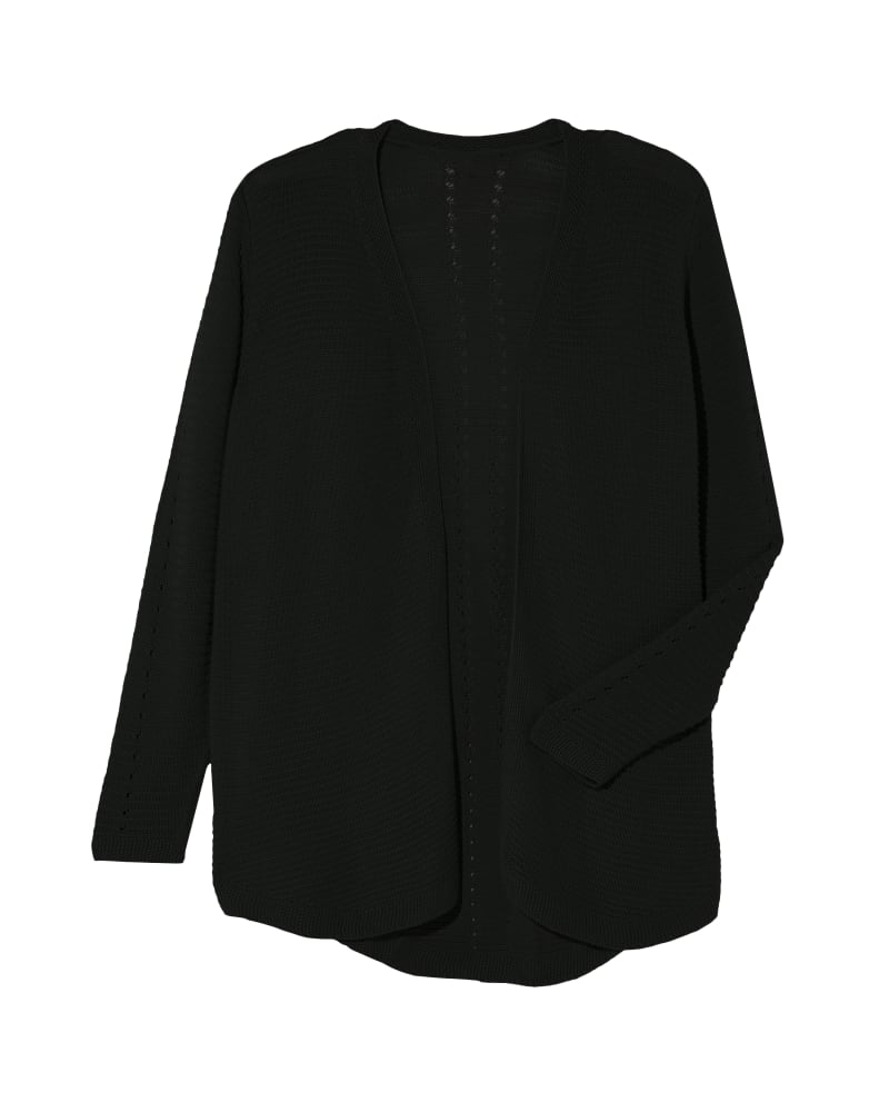 Front of a plus size Annabelle Open Stitch Detail Cardigan in Black by Belle By Belldini. | dia_product_style_image_id:250407